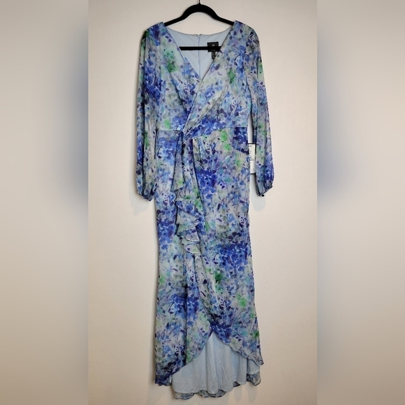 NWT Adrianna Papell Abstract Floral Metallic Chiffon Blue High-Low Dress Size 10 - Picture 4 of 16
